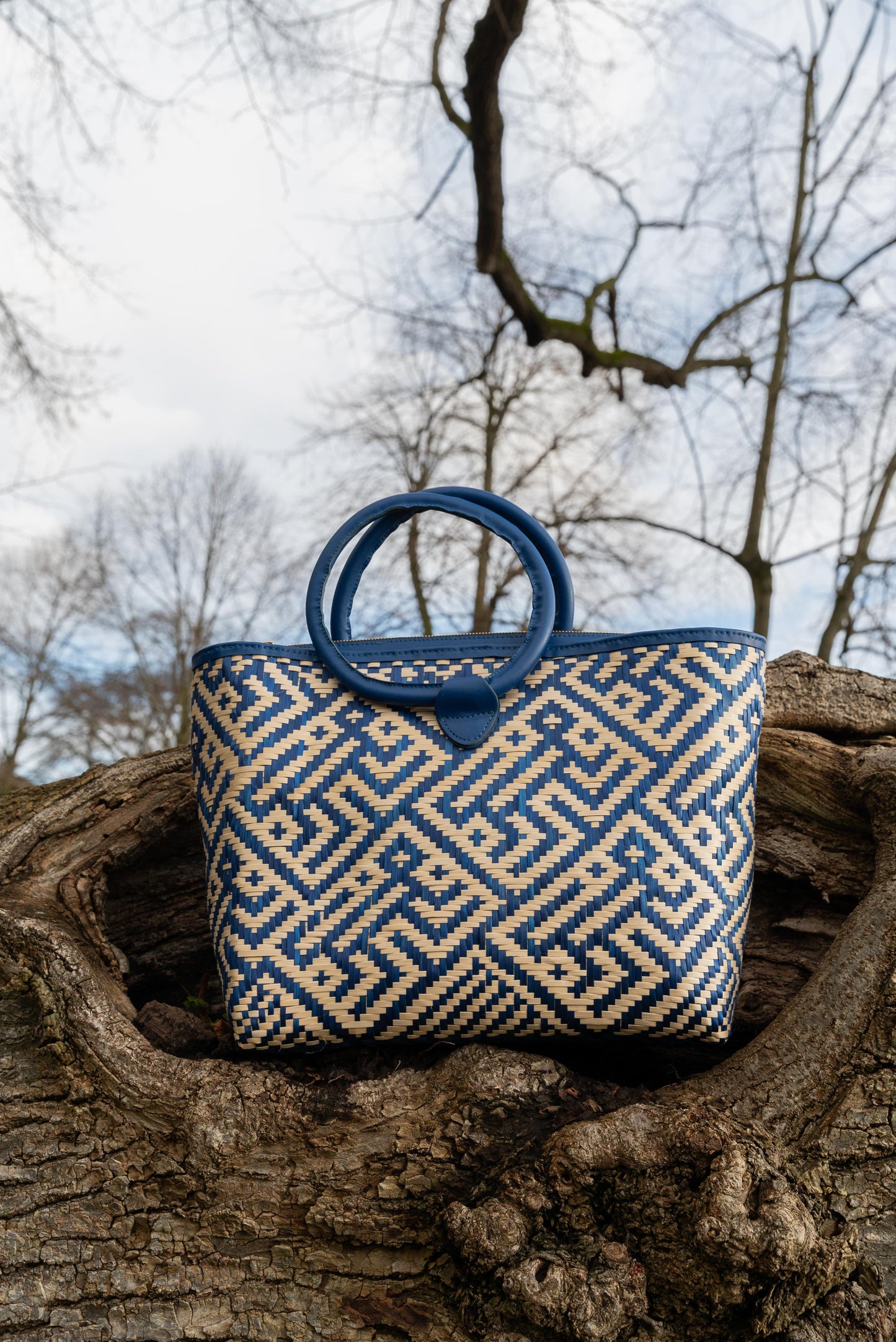 Eperara Handwoven Basket Purse Bag monkey gold blue large