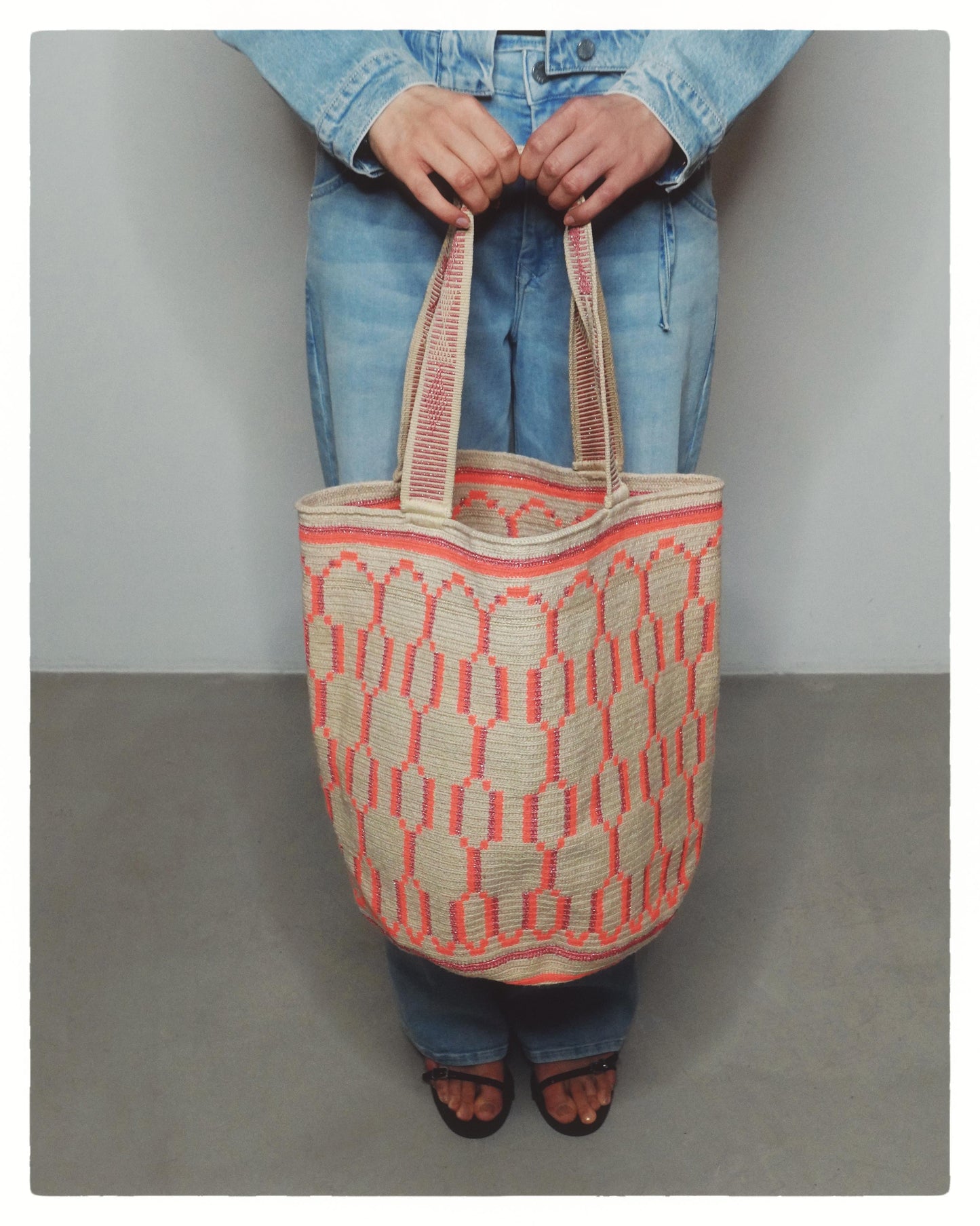 Extra Large Wayuu Handmade Crochet Beach Bag Orange and Pink