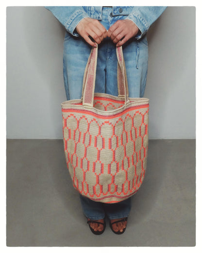 Extra Large Wayuu Handmade Crochet Beach Bag Orange and Pink