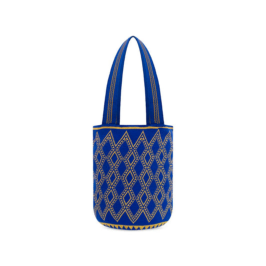 Large Wayuu Handmade Crochet Beach Bag Star Blue and Gold (One Thread)