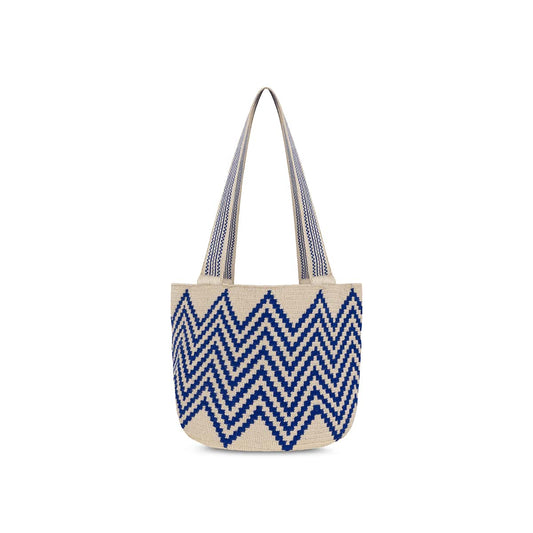 Large Wayuu Handmade Crochet Beach Bag zigzag  Blue & Beige