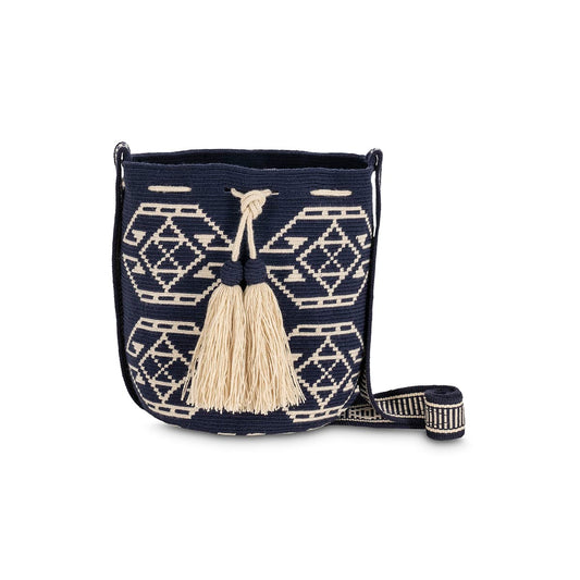 One-Thread Wayuu Crossbody Bag Star Beige and Dark Blue Medium