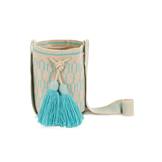 One-Thread Wayuu Crossbody Bag Torquoise and Beige small