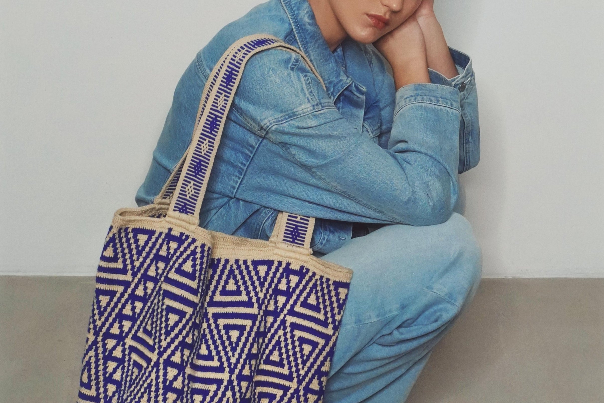 Extra Large Wayuu Handmade Crochet Beach Bag Blue and Beige