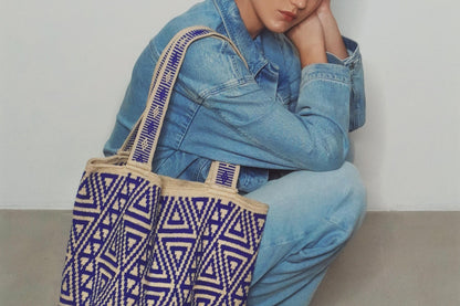 Extra Large Wayuu Handmade Crochet Beach Bag Blue and Beige